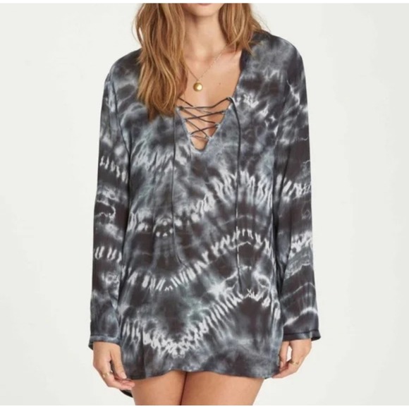 Billabong Gray Tie Dye Long Sleeve Tunic Top Lace Up Hooded Cover up  Medium - Picture 1 of 7